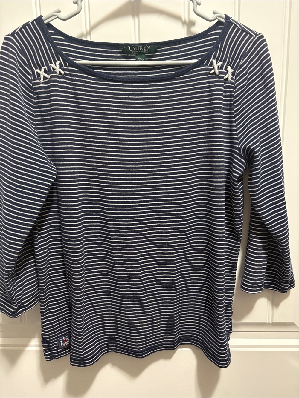 Lauren Ralph Lauren L Navy White Striped Lace Up Nautical Top